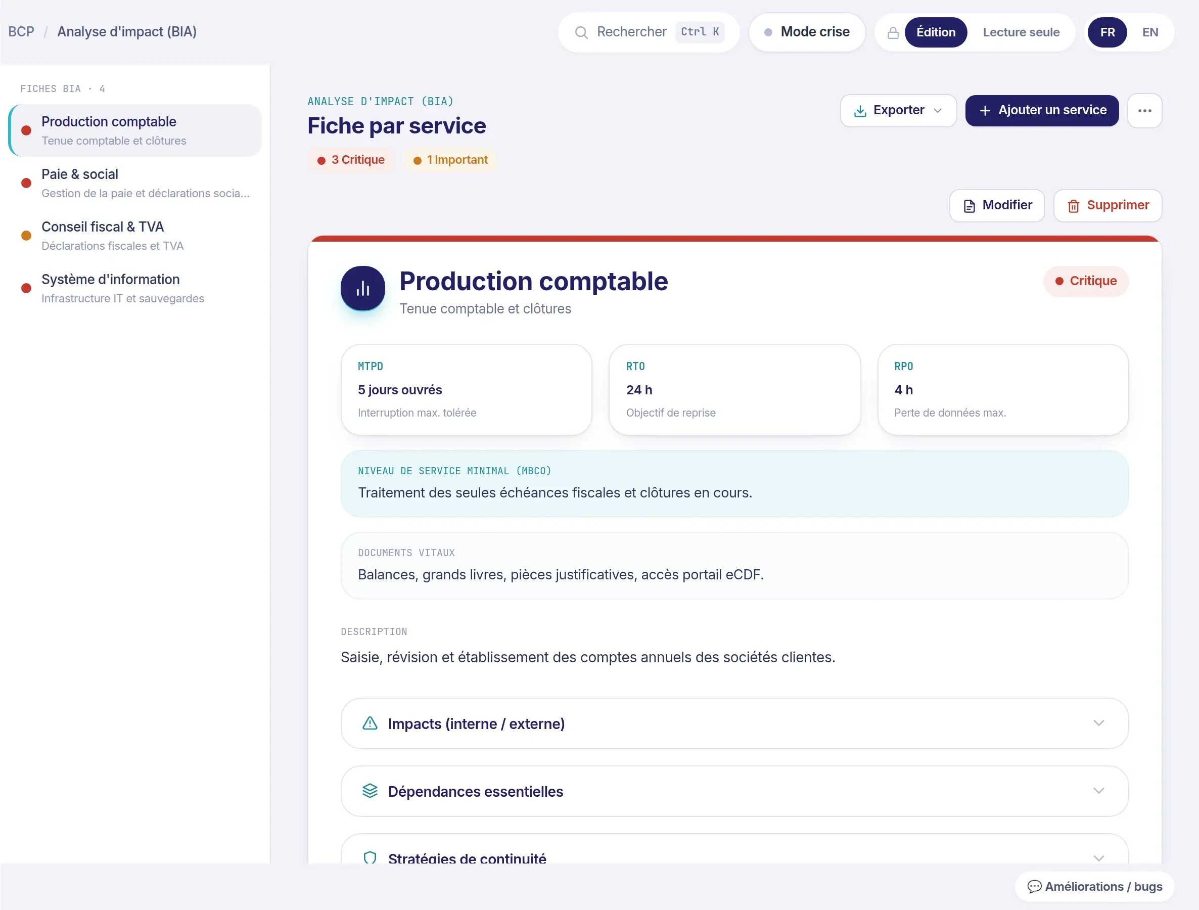 Fiche BIA du service Production comptable : MTPD de cinq jours ouvrés, RTO de 24 heures, RPO de 4 heures, niveau de service minimal