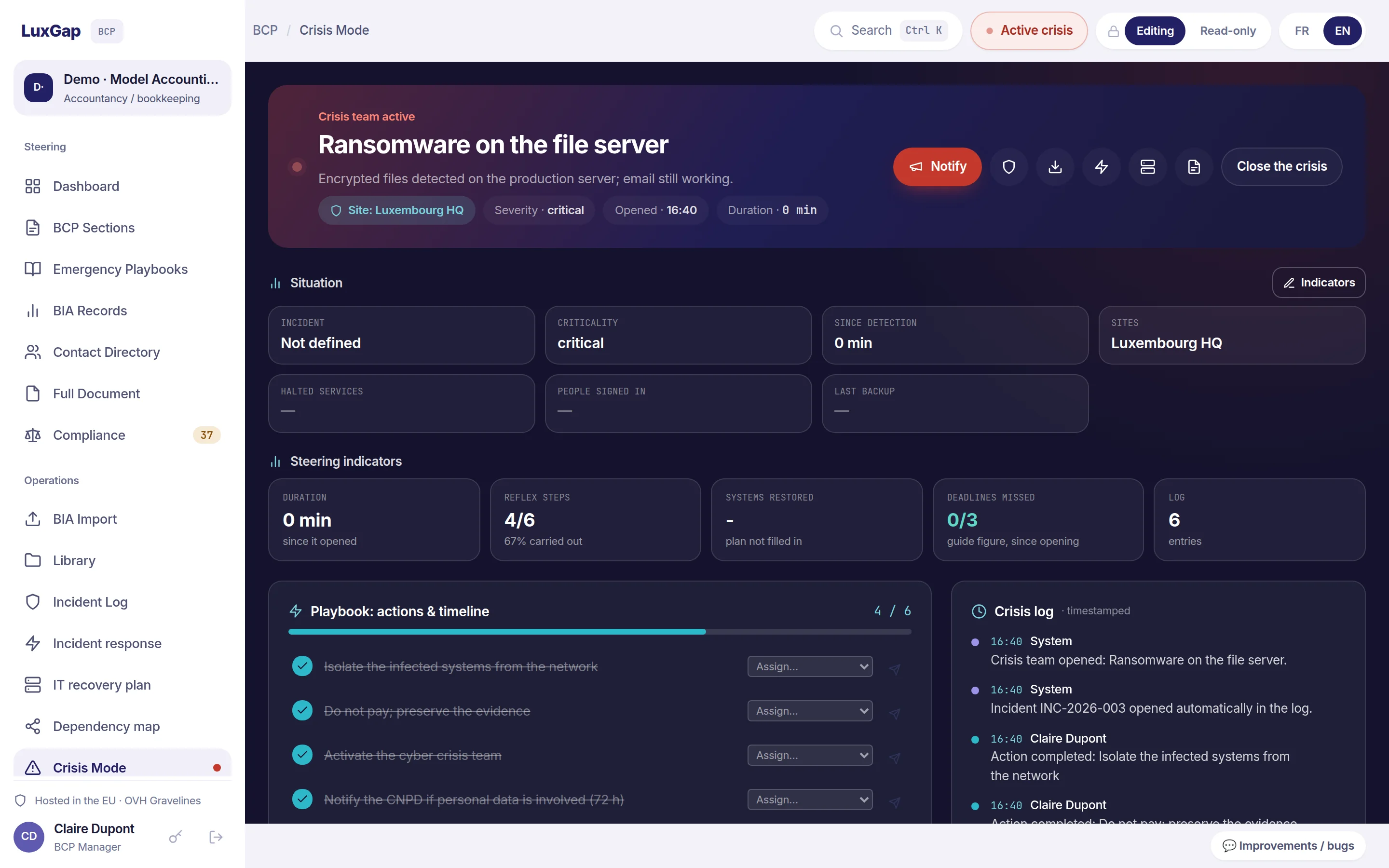 Crisis unit active during a ransomware attack: management indicators, playbook actions ticked off and time-stamped crisis log