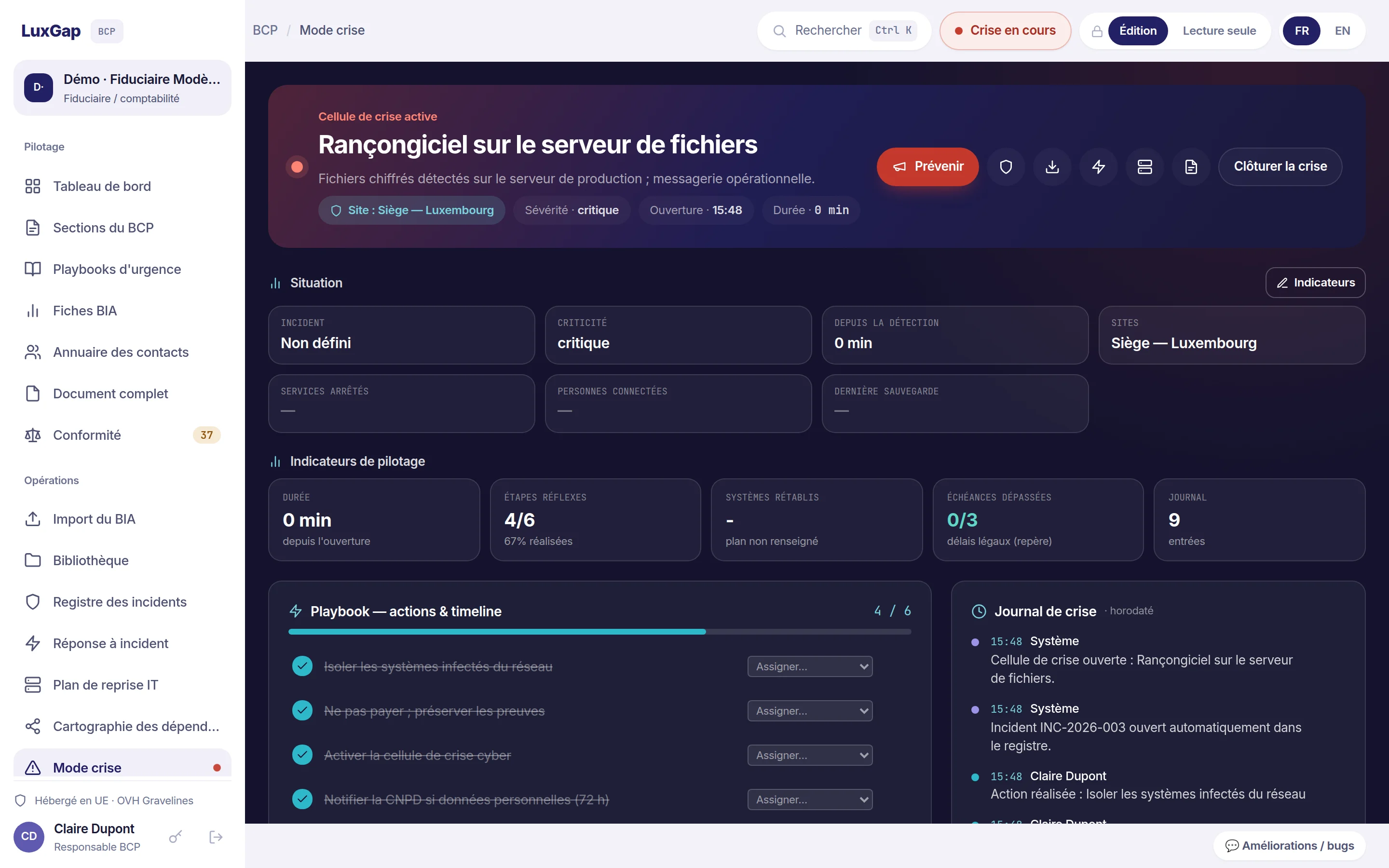 Cellule de crise active sur un rançongiciel : indicateurs de pilotage, actions du playbook cochées et journal de crise horodaté