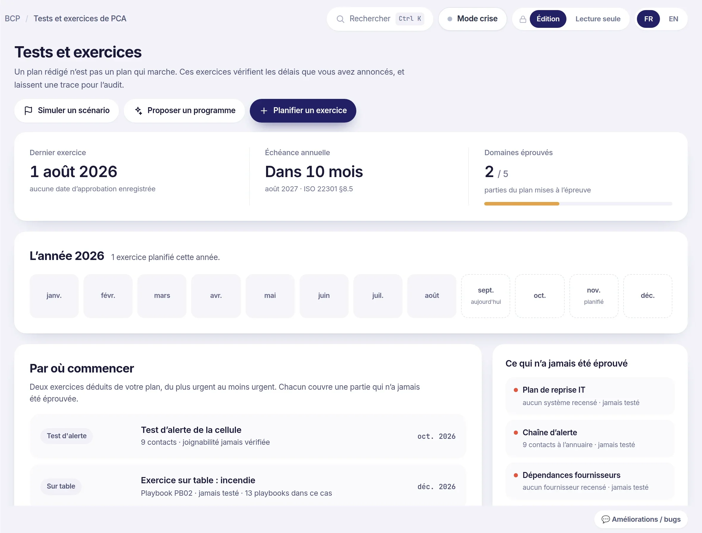 Écran Tests et exercices : dernier exercice, échéance annuelle, calendrier de l'année et exercices recommandés
