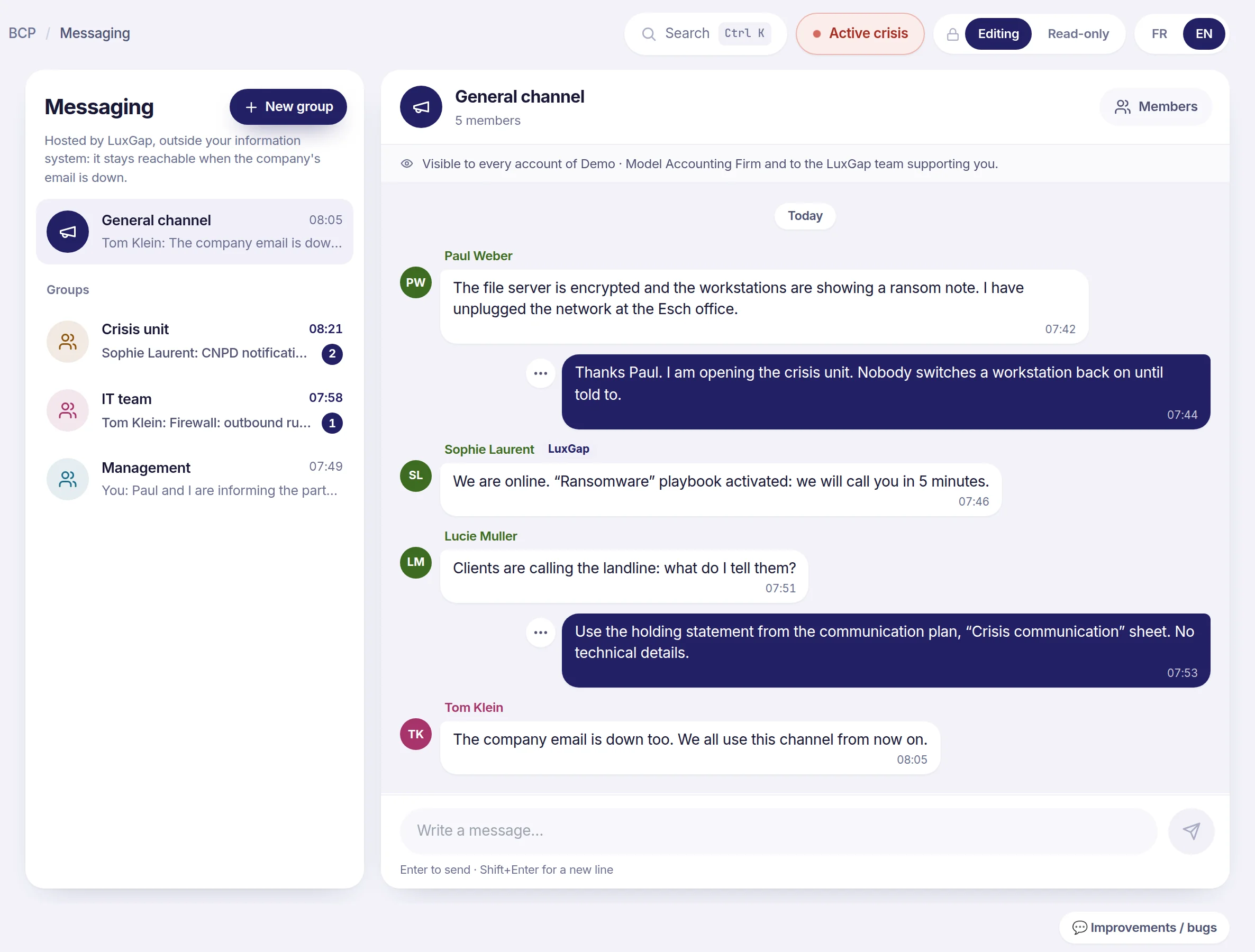 Console messaging during a ransomware attack: an accounting firm's general channel, Crisis unit, IT team and Management groups, and messages from the LuxGap consultant