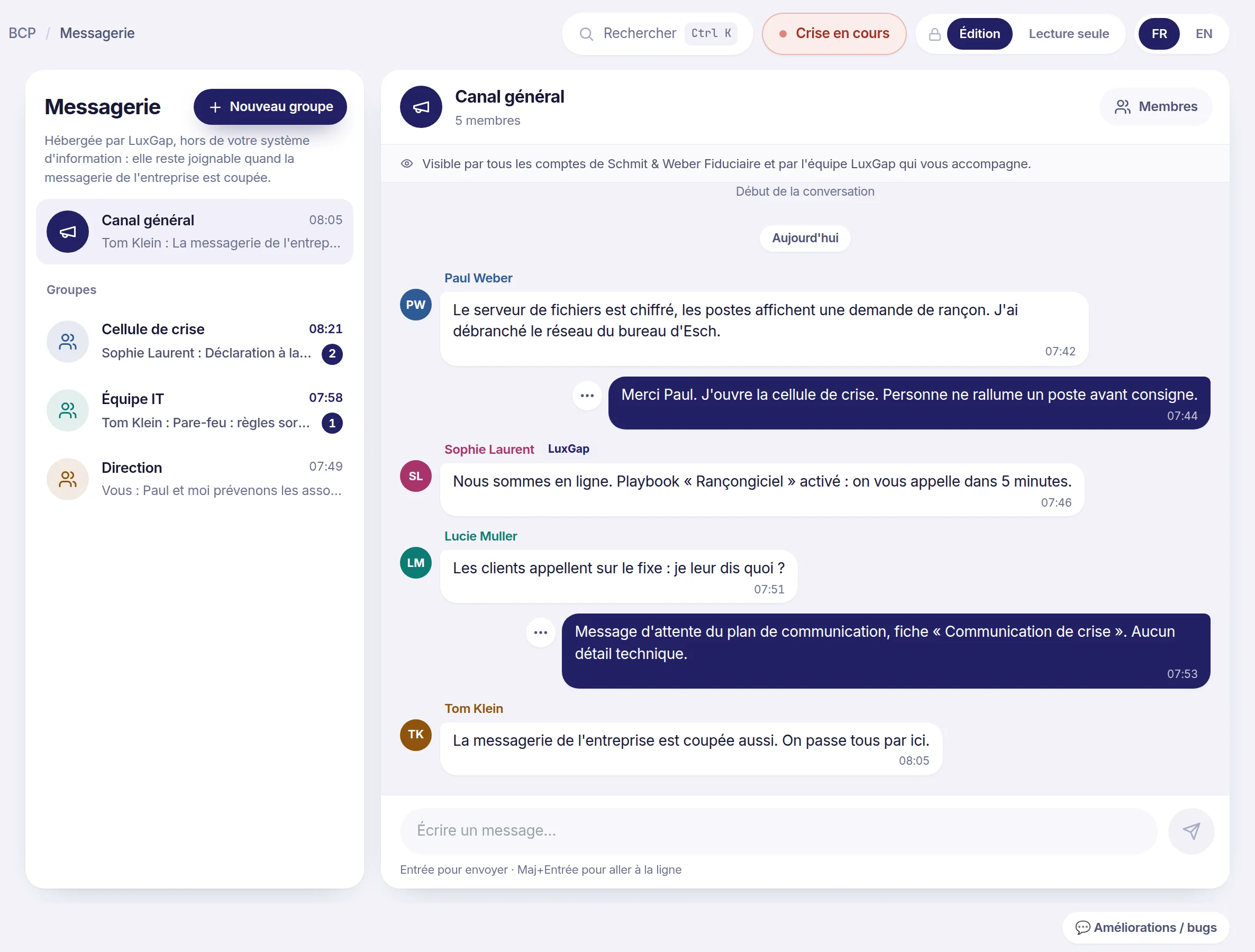 Messagerie de la console pendant un rançongiciel : canal général d'une fiduciaire, groupes Cellule de crise, Équipe IT et Direction, et messages de la consultante LuxGap